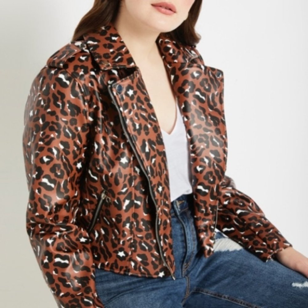 Eloquii brown speckled leopard print cropped moto jacket size 14 14P 14W